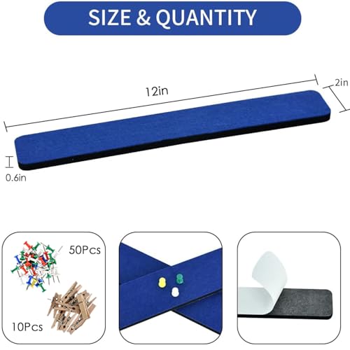 Vuzvuv 8 pcs Bulletin Board Bar Strips with 50 Pushpins & 10 Wooden Clip pins,Self Adhesive Cork Board for Wall,Felt Pin Board for School,Office Decor(Dark Blue) - color: Dark Blue
