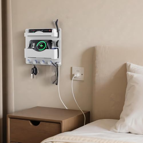 Bedside Wall Shelf with Glasses Hooks, Adhesive Bedside Organizer Wall Mount for Dorm and Room Accessories Phone,Remote,Earphone, Kindle (White) - color: White