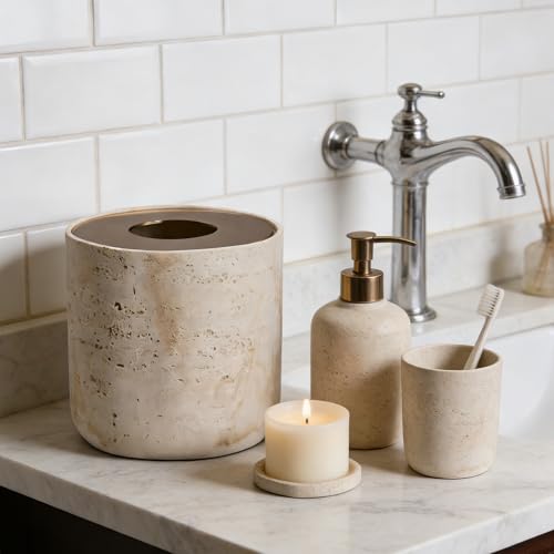 Natural Travertine Textures Mini Trash Can with Rose Gold Stainless Steel Lid, Mini Countertop Trash Can for Bathroom Kitchen, Desk or Table top Mini Garbage Can, Resin Tiny Waste Basket for Vanity - color: Beige Travertine