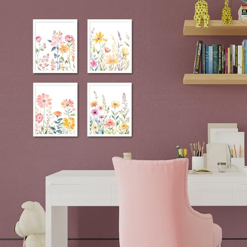 JINYO Watercolor Spring Flower Wall Art Prints Set of 4, Spring Wall Decor, Cottagecore Colorful Wildflower Floral Botanical Wall Decor Posters Pictures for Home Bedroom Living Room, 8x10 Unframed - color: Spring Flower Wall Art