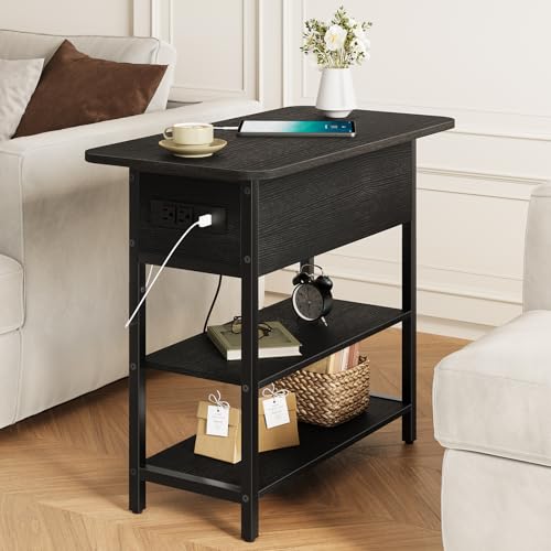 Yoobure End Table with Charging Station, Flip Top Side Table with USB Ports and Outlets, Sofa Couch Table Bedside Table for Living Room Bedroom, Narrow Nightstand with Storage Shelves for Small Space - color: Black