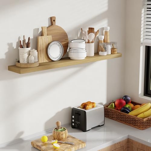 Acovy 48 Inch Floating Shelves, 8 Inch Deep Floating Shelves for Wall, Hanging Shelf with Invisible Brackets, Deep Shelves for Bathroom, Bedroom, Living Room, Oak, Set of 1 - color: Oak, size: 8"Wx48"L-1pc