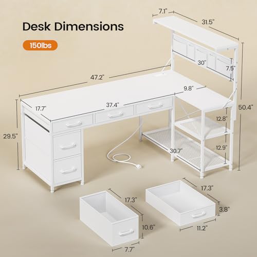 Itaar L Shaped Gaming Desk with 5 Drawers and Storage Shelves, Reversible Computer Desk with Bookshelf for Home Office, L Shaped Corner Desk with LED Lights, Power Outlets and Storage Bag, White - color: White