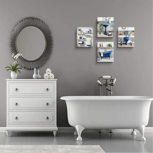 Framed Navy Blue Bathroom Wall Art,Rustic Blue Bathroom Theme Farmhouse Canvas Wall Art,Set of 4(8x10 Inch) Retro Aesthetic Bathroom Picture Artwork Decor,Ready to Hang - color: 8x10inch(framed)navy Blue Bathroom Wall Art