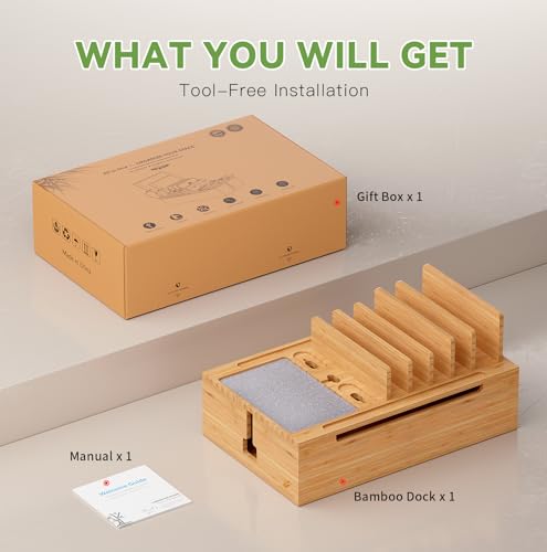 Pezin & Hulin Bamboo Charging Station, Electronic Devices Organizer for Multiple Devices Charger Such As Cell Phone, Tablet, Watch and More, Natural, (No USB Charger and Cables) - color: Natural, size: Dock (No Charger&Cables)