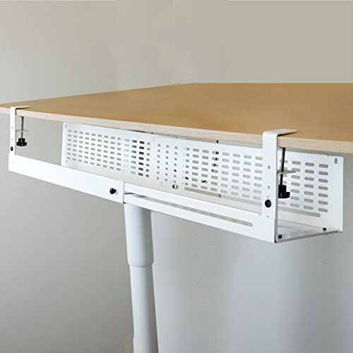 AEONS Under Desk Cable Management Tray Kit - Horizontal Adjustable up tp 41” Desk Organizer Removable C Clamp Mount Reversiable Computer Cord Raceway and Modesty Panel for Large Table, White/Beige - style: 41" White
