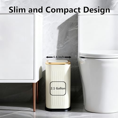 TIPGO Bathroom Trash Can with Lid, 2.1 Gallon / 8 Liter Small Garbage Can, Press Top Bin, Stainless Steel Wastebasket with Pop-Up Lid for Bedroom, Living Room, Office (Cream) - color: Cream