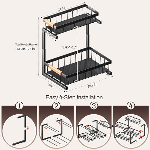 ADBIU Under Sink Organizer, 2 Pack 2 Tier Expandable Height (13.2" - 17.2") Pull out Kitchen Bathroom Cabinet Organizers and Storage Shelf - color: Black, size: Large Size