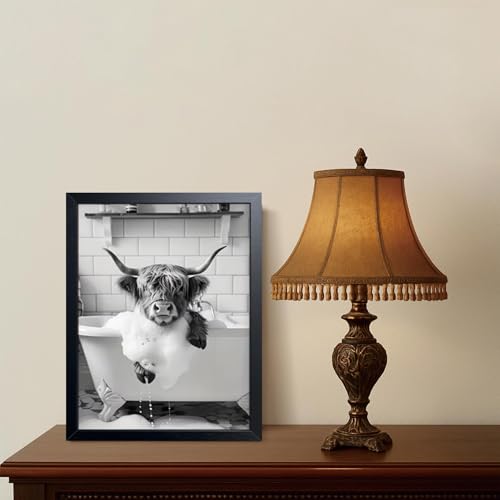 Highland Cow Bathroom Wall Art, Cute Black and White Animal Wall Decor Painting, Highland Cow in Bathtub Farmhouse Canvas Print Picture, Funny Bathroom Restroom Decor 16x24 Inch Wood Framed - color: Black and White Animation-B, size: 24"L x 16"W