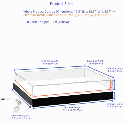 Light Up Acrylic Display Case with RGBW LED Lights, USB Powered with Switch Panel & App Control, Clear Collectible Display Box for Books, Medals, Stamps and Cards, 12x12x4 Inch - size: 12''(L) x 12''(W) x 4''(H)