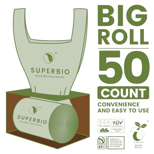 SUPERBIO 1.6 Gallon Handle Tie Compostable Food Scrap Bags, Small Compost Bags with Handles, 50 Count, 2 Pack, BPI & OK compost INDUSTRIAL - color: 1.6 Gallon Handle Tie, 100 Count (2 Pack)