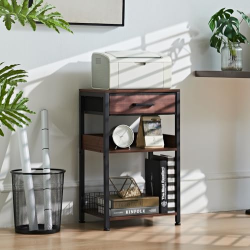 Lerliuo Walnut Printer Stand with Fabric Drawer, 3 Tier Industrial Side Table, Modern Small Printer Desk Holder with Storage Shelf,Multi-Functional Bedside Tables for Home Office Fax Machine Scanner - color: Walnut