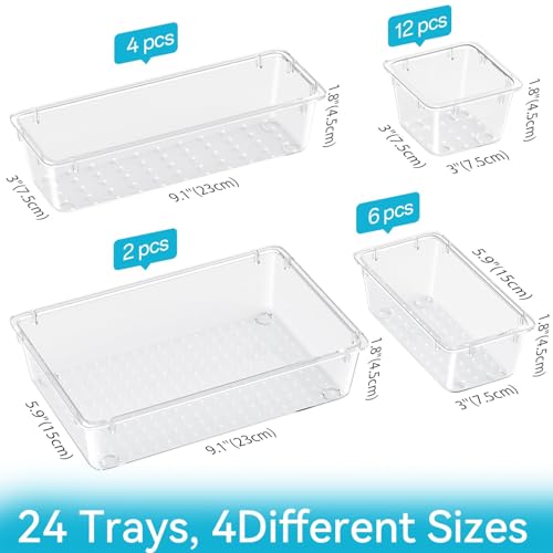 ElegantArray 24 PCS Drawer Organizer Set, 4 Sizes Tool Storage Trays, Clear Plastic Makeup Vanity Organizer and Storage Bins for Makeup, Stationeries, Multiple Gadgets for Bathroom, Office, Bedroom - color: Milky, size: 24 PCS