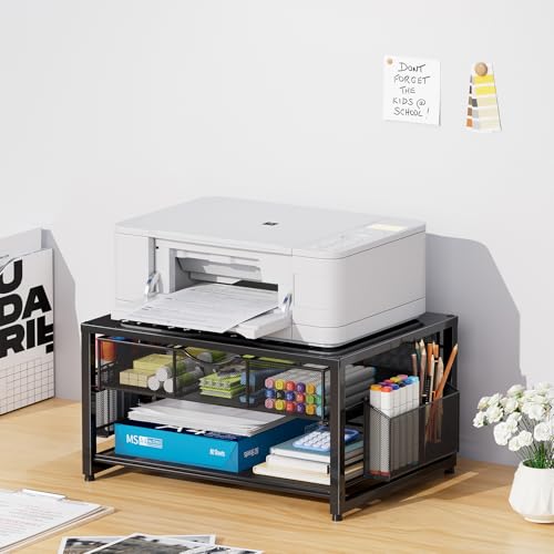 Marbrasse Metal Printer Stand for Desk with Storage Drawer and 2 Pen Holders, 2-Tier Desktop Organizer Printer Table for Home Office, Multi-Purpose Desk Organizer for Fax Machine Scanner Files(Black) - color: Black
