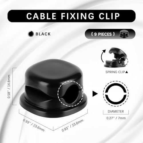 7mm Spring Cable Holder Clips, 9 Pack Desk Cord Organizer, Black | Compact cord clips blend into desk edges, bedside tables and car interiors; reduce cord clutter without taking much space - color: Black
