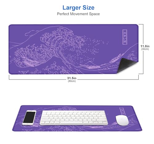 IMAYONDIA Great Wave Large Gaming Mouse Pad, Purple Minimalist Japanese Desk Mat, Gamer Aesthetic Extended Mousepad Cute, Non-Slip Rubber Base Lilac Desk Pad for Office- 31.5 X 11.8 Inch - color: Purple Great Wave