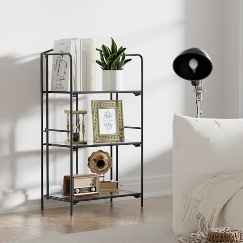 Crofy 3-Tier Foldable Bookshelf, Black Frame & Transparent Shelves | No-Assembly Collapsible Portable Storage Organizer; Sturdy Transparent Shelves; Ideal for Living Room & Home Office - color: Black Frame & Transparent Shelf, size: 3 Tier