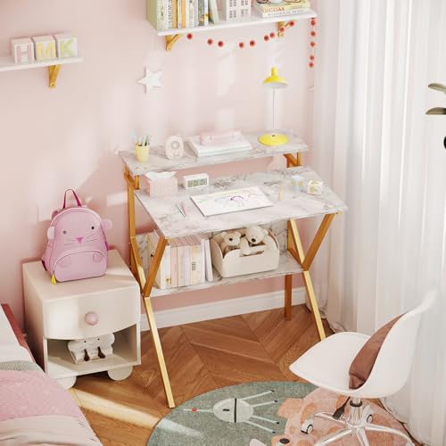 ODK Small Desk, 27.5 Inch Computer Desk for Small Spaces, Study Desk with Storage & Monitor Stand, White Marble + Gold Leg - color: White Marble