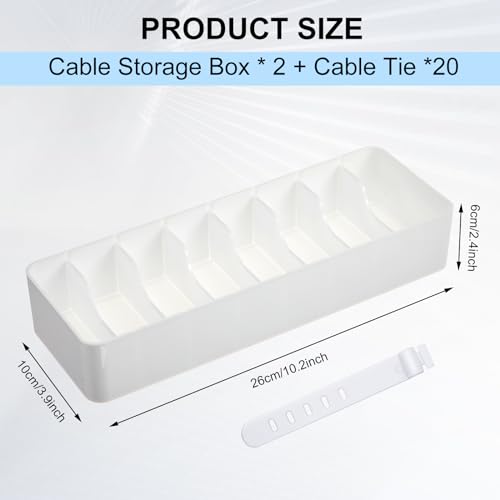 Tatuo 2 Pcs Cable Organizer with 20 Wire Ties, Plastic Cord Storage Charger Electronics Box with Adjustment Compartments for Drawer Home Office Desk Accessories (White) - color: White