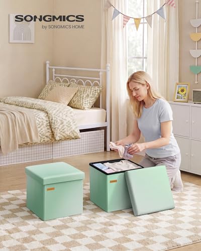 SONGMICS Folding Storage Ottoman Bench, Linen Fabric, Storage Chest, Foot Rest Stool, Holds up to 286.6 lb, 11.8 x 11.8 x 11.8 in, Bedroom Bench, Blue-Green Ombre, Minota Collection ULSF028X201 - color: Blue-green Ombre, size: 11.8"D x 11.8"W x 11.8"H