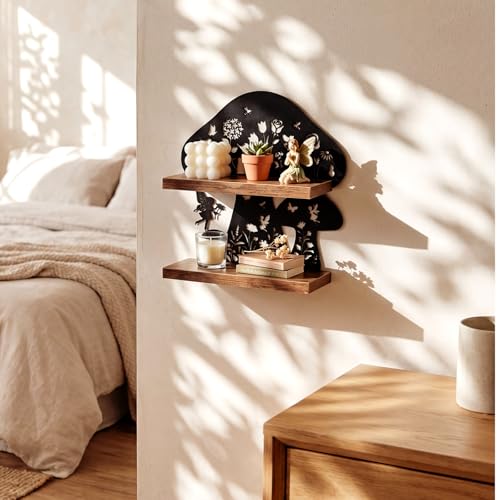 Moxweyeni Mushroom Wall Shelf – Rustic Wood Shelves with Metal Back Panel, Decor for Crystals, Essential Oils & Small Trinkets, Fairy Garden & Cottagecore Mushroom Wall Art Gift - style: Mushroom