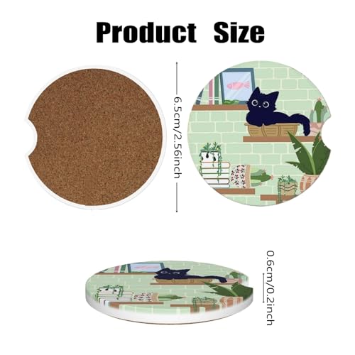Car Cup Holder Coasters, 2 Pcs Ceramic Coasters with Finger Slot and Cork Back, Anti-Slip Shock Absorbing Women and Men Universal Car Accessories - Bookshelf Cat - color: Bookshelf Cat
