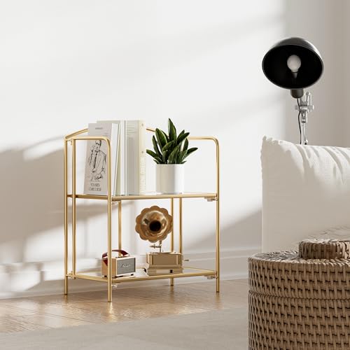Crofy 2-Tier Foldable Bookshelf, Gold Frame & Transparent Shelves | No-Assembly Collapsible Portable Storage Organizer; Sturdy Transparent Shelves; Ideal for Living Room & Home Office - color: Gold Frame & Transparent Shelf, size: 2 Tier