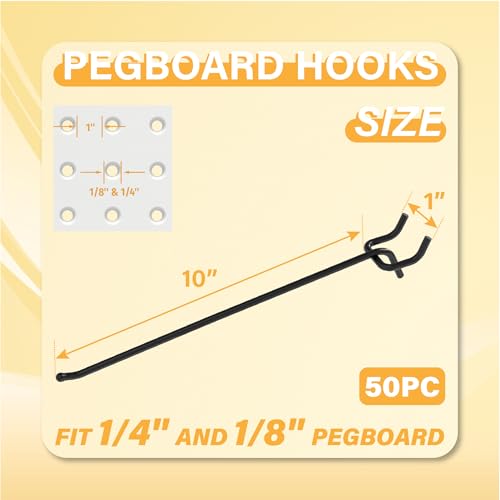 50PC 10" Pegboard Hooks for 1/4" Peg Board | Heavy Duty Black Metal Pegboard Hooks for Tools & Supplies, 30 lb Capacity Organizer Accessories for Garage, Store - size: 10 Inch