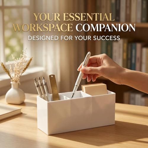 White Acrylic Pen Holder for Desk, 3-Slot Desktop Organizer & Pencil Cup, Makeup Brush Holder for Countertop, Multi-functional Pen Pencil Brushes Holders Caddy (Glossy White)