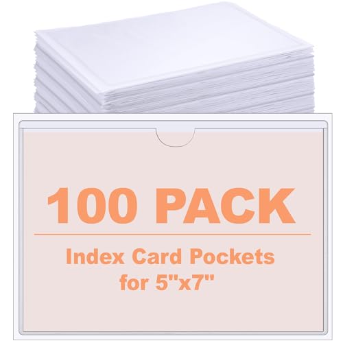 Outus 100 Pcs 5 x 7 Inch Clear Self Adhesive Pockets - Bin Labels for Storage Bins, Pocket Label Sleeves, Plastic Index Card Holder with Top Open for Organizing Bins Box Drawer - size: 5 x 7 Inch