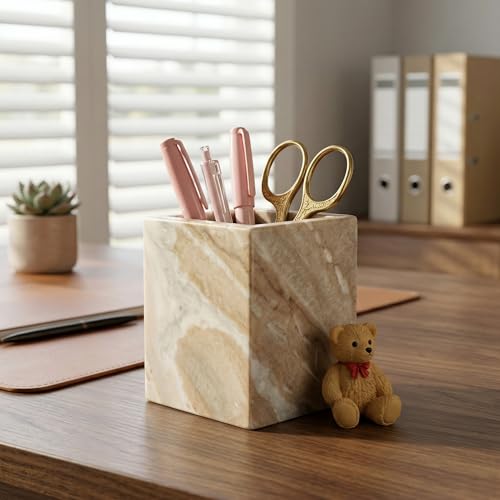 Natural Marble Pen Holder, 2.95” x 3.74” Square Desk Organizer, Marble Toothbrush Holder, Makeup Brush Holder, Decorative Storage Cup for Office Vanity Bathroom Kitchen Countertop, Brown - color: Light Brown