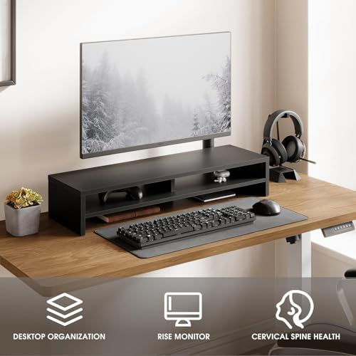 Fenge Monitor Stand, 31.5 Inch Computer Monitor Riser for Desk, 2 Tiers Wood Desk Shelf with Storage, Desktop Organizer for PC, Laptop, Screen, Printer - color: Black