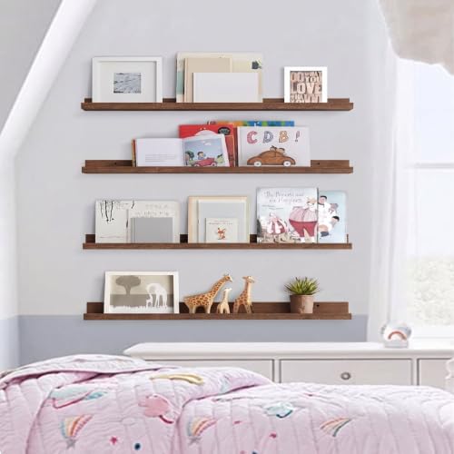 Forbena 36 Inch Picture Ledge Shelf, Floating Nursery Shelves for Wall | Solid Wood Material | Lip Edge | Ideal for Living Room Kids Bedroom Office Photo Frame Display | Walnut Brown | 4 Pack - color: Walnut, size: 36 Inch