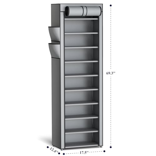 Kitsure Shoe Rack - 10-Tier Large Capacity Shoe Organizer Shelf with Dust Cover & Side Pockets, Rust-Proof Metal Shoe Rack for Closet, Entrance, Living Room, 17.5" x 12.4" x 69.3", Grey - color: Grey, size: 17.5" x 12.4" x 69.3"
