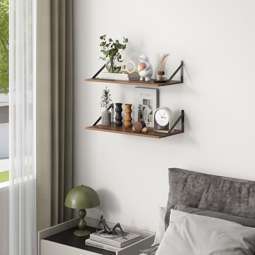 Deep Floating Shelves, 12 Inch Deep Floating Shelves for Wall, 24"W x 12"D Wall Shelves for Books, Large Rustic Wooden Shelf, Wide Display Shelf for Bathroom, Living Room, Walnut Color, Set of 2 - color: Walnut, size: 24"W x 12"D