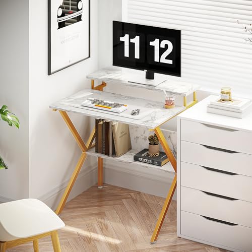 ODK Small Desk, 27.5 Inch Computer Desk for Small Spaces, Study Desk with Storage & Monitor Stand, White Marble + Gold Leg - color: White Marble