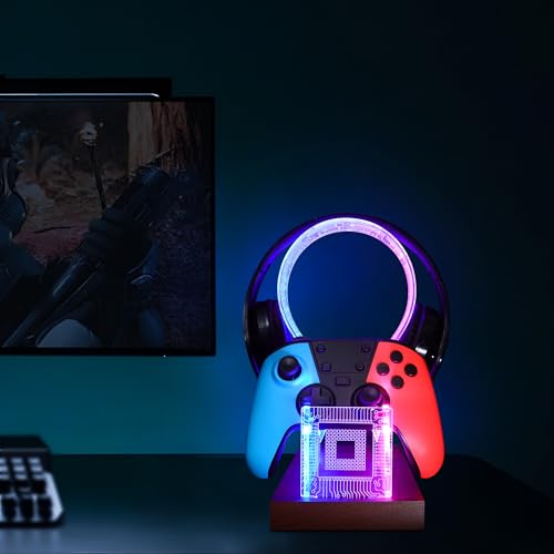 YuanDian Gamer Gifts for Teenage Boy, Desk Gaming Headset and Controller Stand with Blue Pink LED Night Light, Acrylic Wooden Controller Holder with PCB Pattern, Desk Decor Gift - color: color PCB