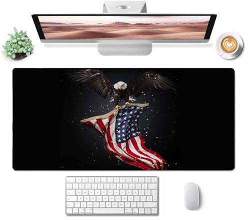 Gaming Mouse Pad Large, Keyboard Mouse Mat Desk Pad, Non-Slip Rubber Base with Stitched Edges Mousepad, 31.5X15.7 inch North American Bald Eagle with American Flag - color: Bald Eagle With American Flag, size: 31.5L x 15.7W inches