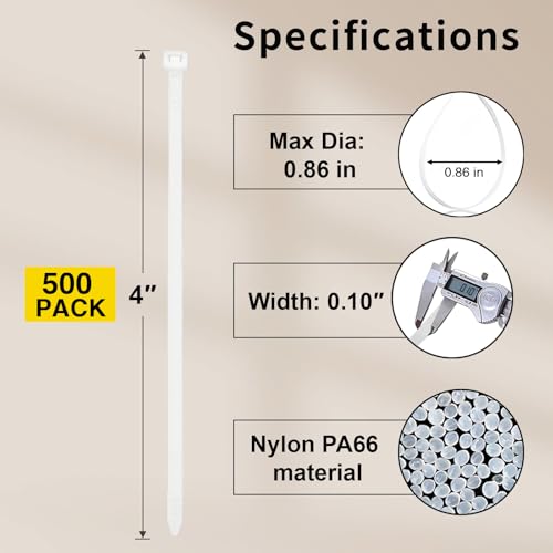 Small Zip Ties 4 Inch, 500 Pack, Mini White Cable Ties for Electronics, Wires, Nylon/Plastic Clear Zip Ties for Home Improvement, Office & Outdoor Use, 18lb Tensile Strength. - size: 4" (500 Pack)