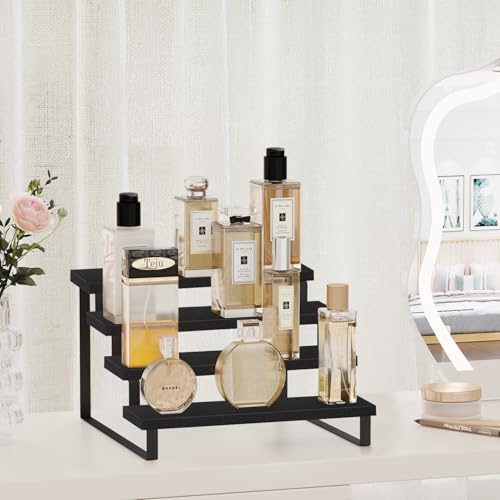 YINMIT Wooden Display Riser Stand, Tiered Perfume and Cologne Organizer Stand, 4 Tier Spice Rack Organizer, Rustic Display Shelf for Candles (4 Tier,Black) - color: 4 Tier,Black