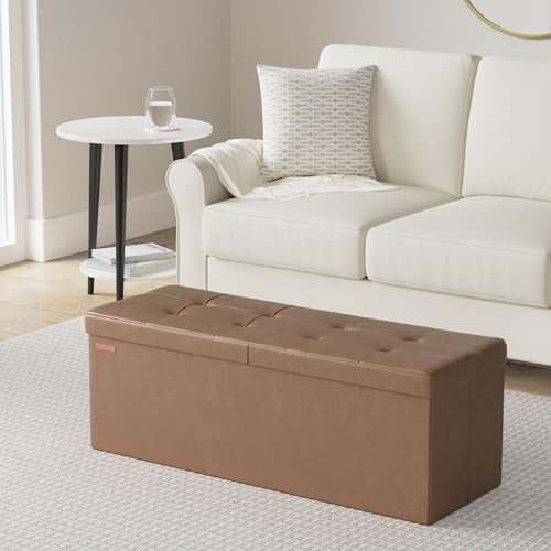 SONGMICS MAZIE Collection - 43 Inches Storage Ottoman Bench with Flipping Lid, Storage Chest with Iron Frame Support, Load 660 lb, for Living Room, Bedroom, Synthetic Leather, Coffee Brown ULSF075K01 - color: Coffee Brown, size: 15"D x 43"W x 15"H