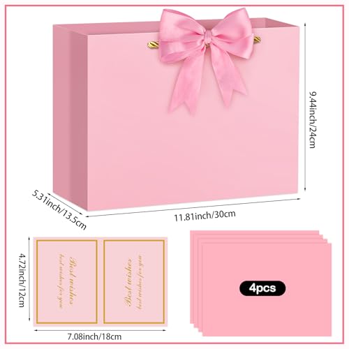 Hooqict Pink Gift Bag Large Birthday Gift Bags with Handles, 1 Ribbon, 4 Tissue Paper, 2 Greeting Cards for Women Girls Anniversary Wedding Baby Shower Valentines Galentines Mothers Day Presents - color: Pink