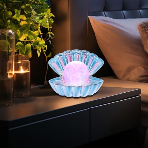 LKUA Shell Pearl Beach Themed Night Light, RGB 8 Colors Changing Mood Shell Pearl Lamps, Bedside LED Clamshell Portable Night Lights for Bar (Electroplating Blue) - color: Electroplating Blue
