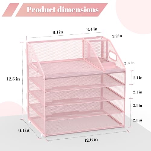 Letter Tray Paper, 5 Tier Desk Organizer with Pen Holder and Handle, Mesh File Organizer Paper Sorter Metal Desktop Document Shelf for Office Home Classroom - Pink - color: 5 Tier-pink