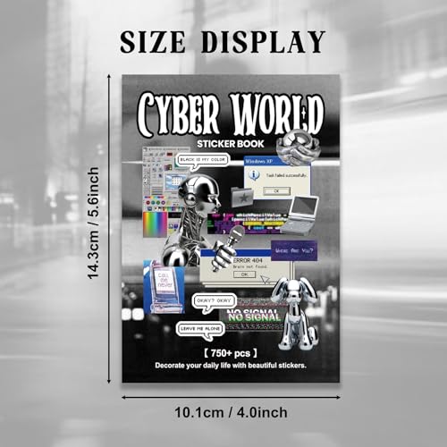 Y2K Cybercore Sticker Book, 750+ Retro Aesthetic Designs | Glossy, matte, textured finishes for scrap albums, junk journals, planners, collage cards, laptop decor, craft gifts - color: Cyber Worid