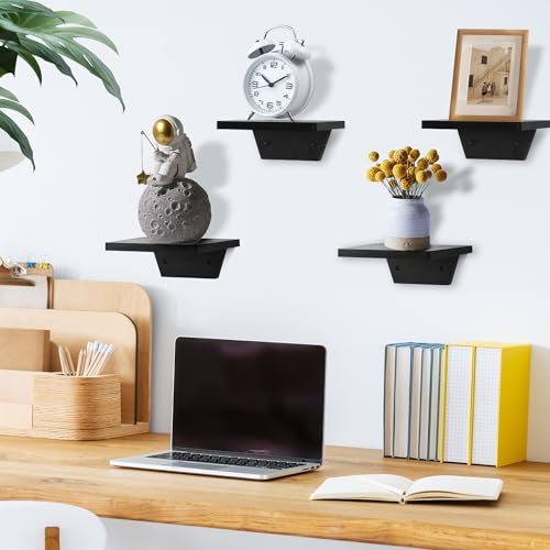 PHOENANCEE Small Floating Shelves,Speaker Shelf,Trapezoid Wall Shelf for Table Lamp Plants Display,Decorative Wood Ledges Chic for Living Room,Bedroom,Kitchen,Office,Pine,8x6 Inch,4 Pack(Black) - color: Black, size: Set of 4