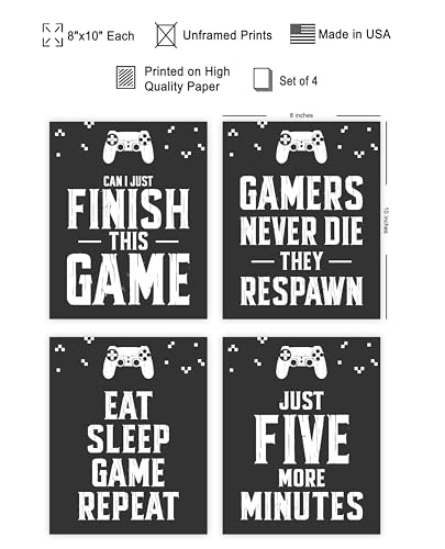 Poster Master 4-Piece Video Game Print - Gaming Poster - Retro Typography Art - Black & White Wall Design - Funny Quote Art - Great Game Room or Boy's Bedroom Decor - 8x10 UNFRAMED Wall Art - color: Style-02, size: 8"L x 10"W