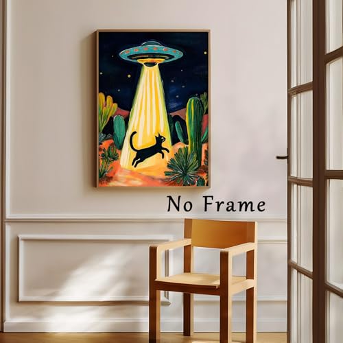 Retro Ufo Canvas Wall Art Desert Cactus Picture Ufo Poster Funny Black Cat Prints Dark Moody Landscape Painting Cat Abstract Animal Poster Alien Abduction Art Desert Landscape Artwork 16x24in No Frame - color: A2Unframed