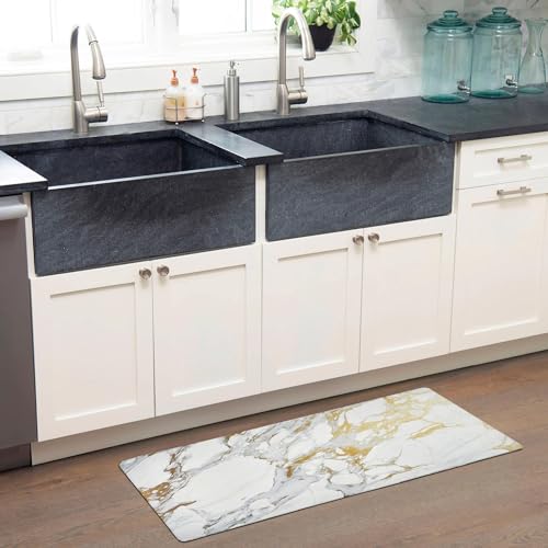 Home Dynamix Cozy Living Modern Marble Runner Anti-Fatigue Kitchen Mat, Non-Slip Floor Mat, Padded Standing Desk Mat, Gold/White, 17.5"x55" - color: Gold/White, size: 55"L x 17.5"W x 0.5"Th