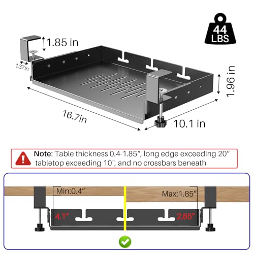 No Drill Under Desk Laptop Mount, Metal Under Desk Storage Shelf with Cable Management, Laptop Storage Tray for MacBook, Keyboard, Mac Mini, Anti-Scratch Silicone, Fits Office, Gaming, Workstations - color: Black